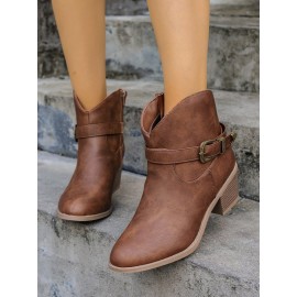 Vintage Plain Non-Slip Zipper Block Heel Cowboy Boots Buckle