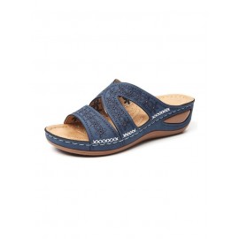 Floral Embroidered Cutout Boho Casual Wedge Slides