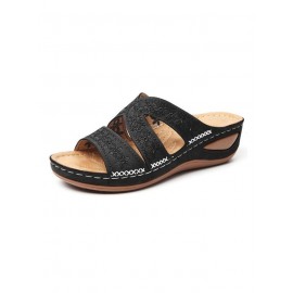 Floral Embroidered Cutout Boho Casual Wedge Slides