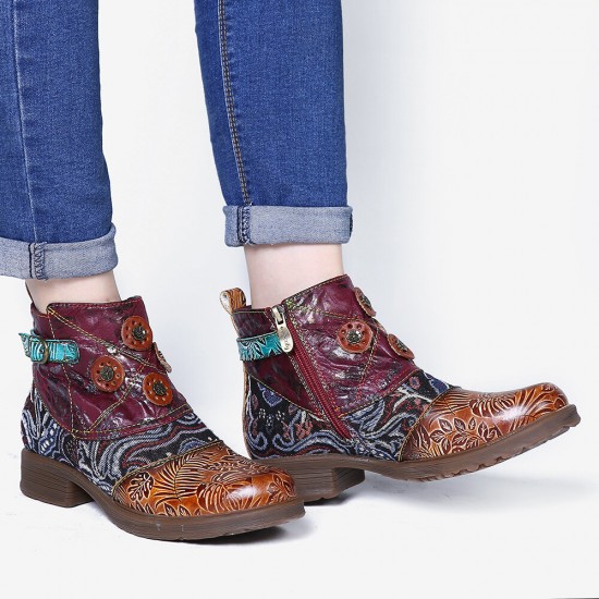 Retro Floral Pattern Splicing Adjustable Casual Round Toe Zipper Ankle Boots