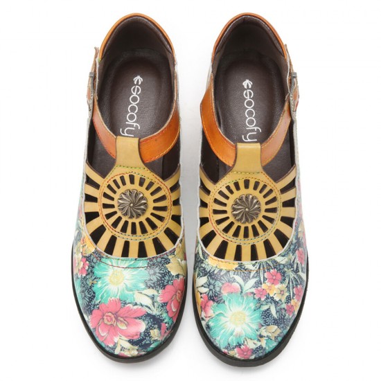 Genuine Leather Retro Floral Hook & Loop Comfy T-strap Heels