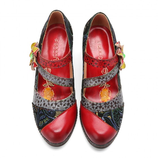 Genuine Leather Hook & Loop Comfy Retro Colorblock Floral Decor Mary Jane Heels
