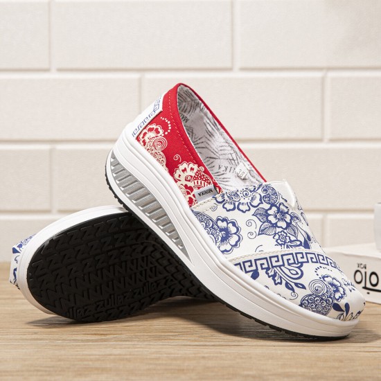 Women Casual Flowers Printed Pattern Comfortable Rocker Sole Walking Shoes