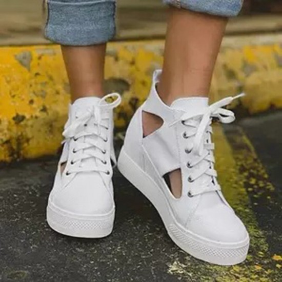 Women Canvas Cut Out Wearable Hidden Increase Casual Flat Shoes